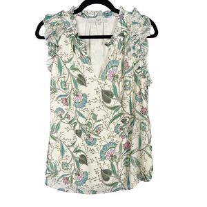 LOFT Medium M Cream Blue Floral Ruffle Split Neck Shell Tank Top Sleeveless
